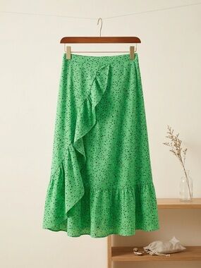 Ann Taylor Green Ruffled Midi Skirt with Subtle Dot Print